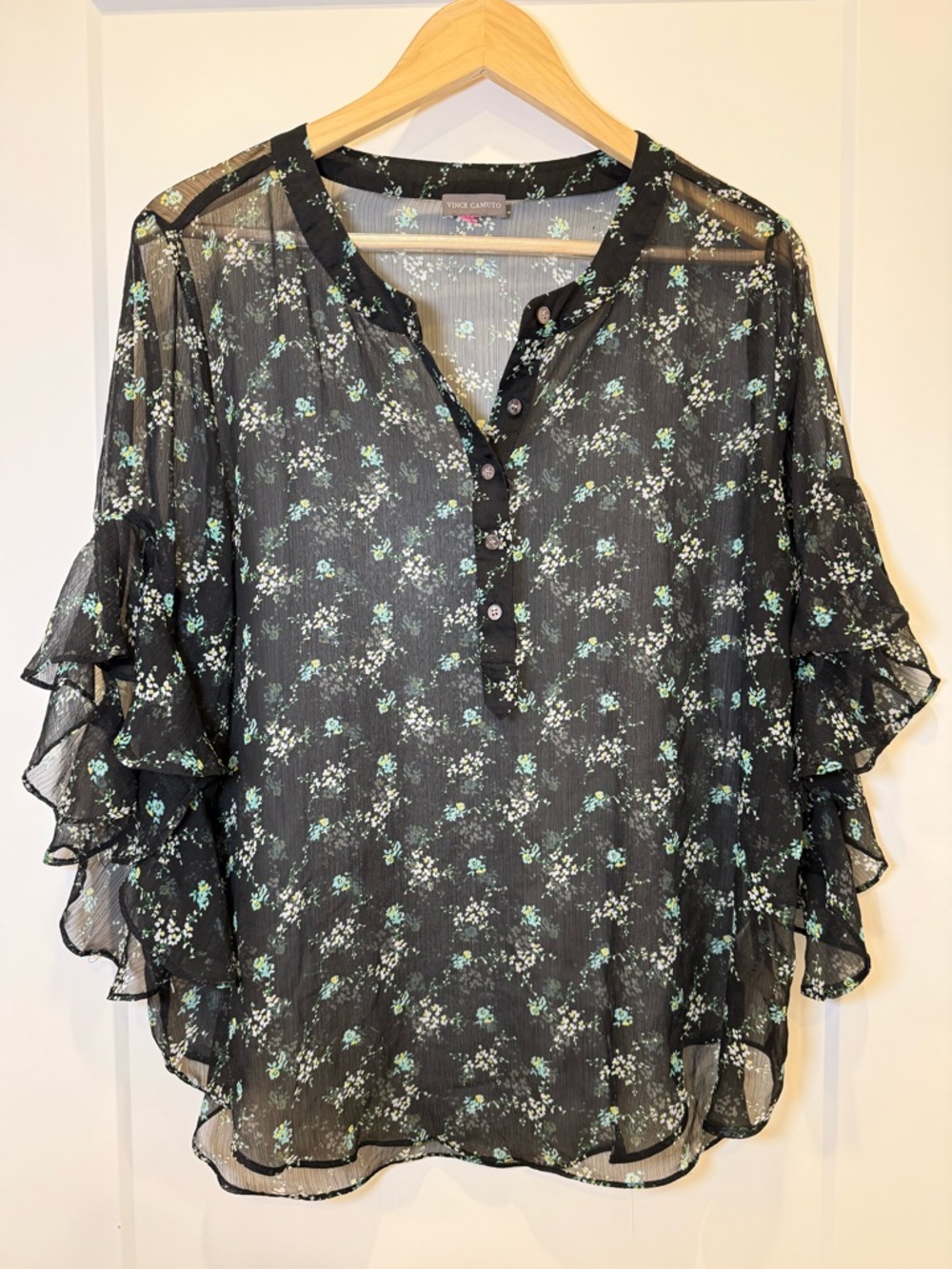 Vince Camuto Sheer Floral Blouse Ruffle Sleeve Boho Top Black Lightweight